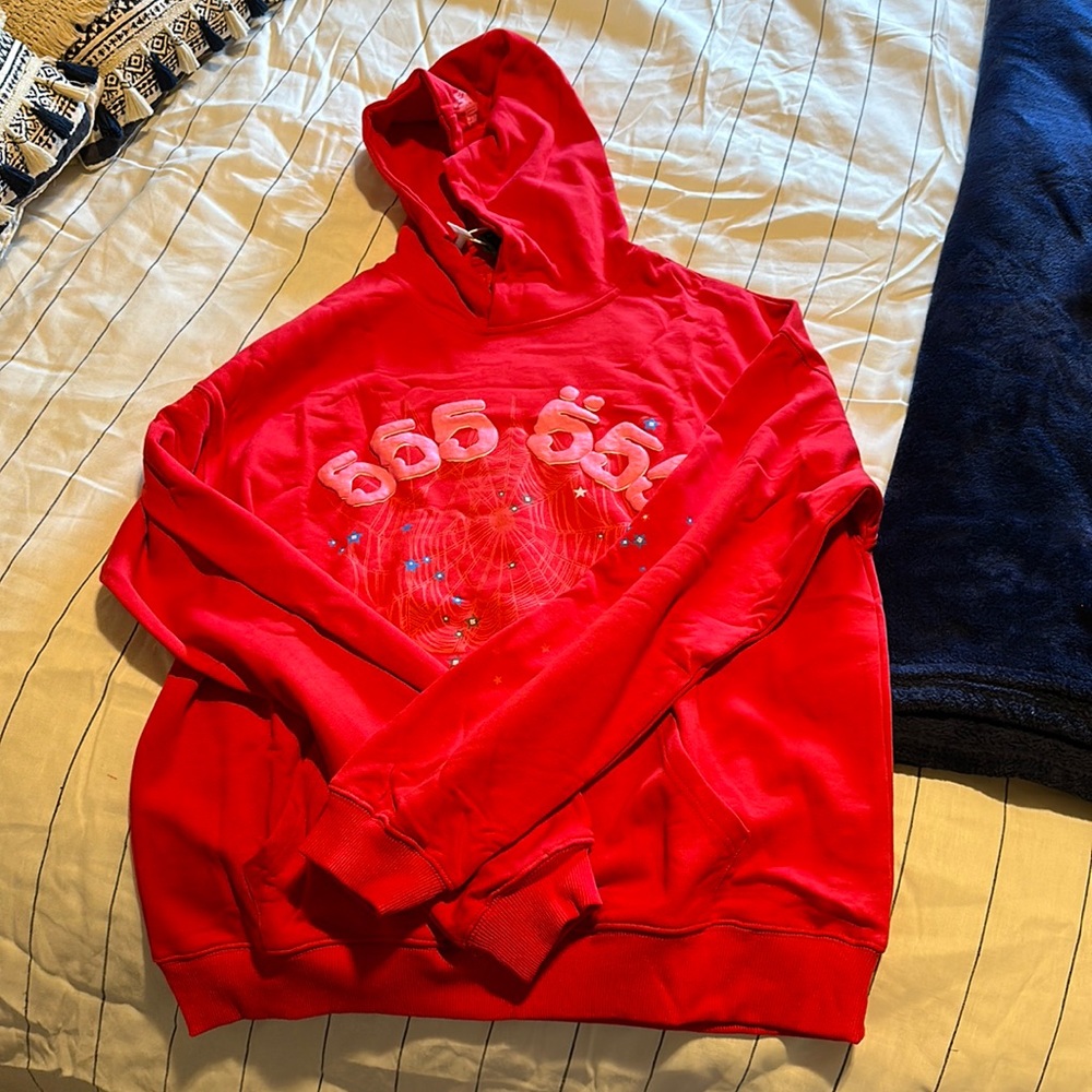 All red Sp5der hoodie